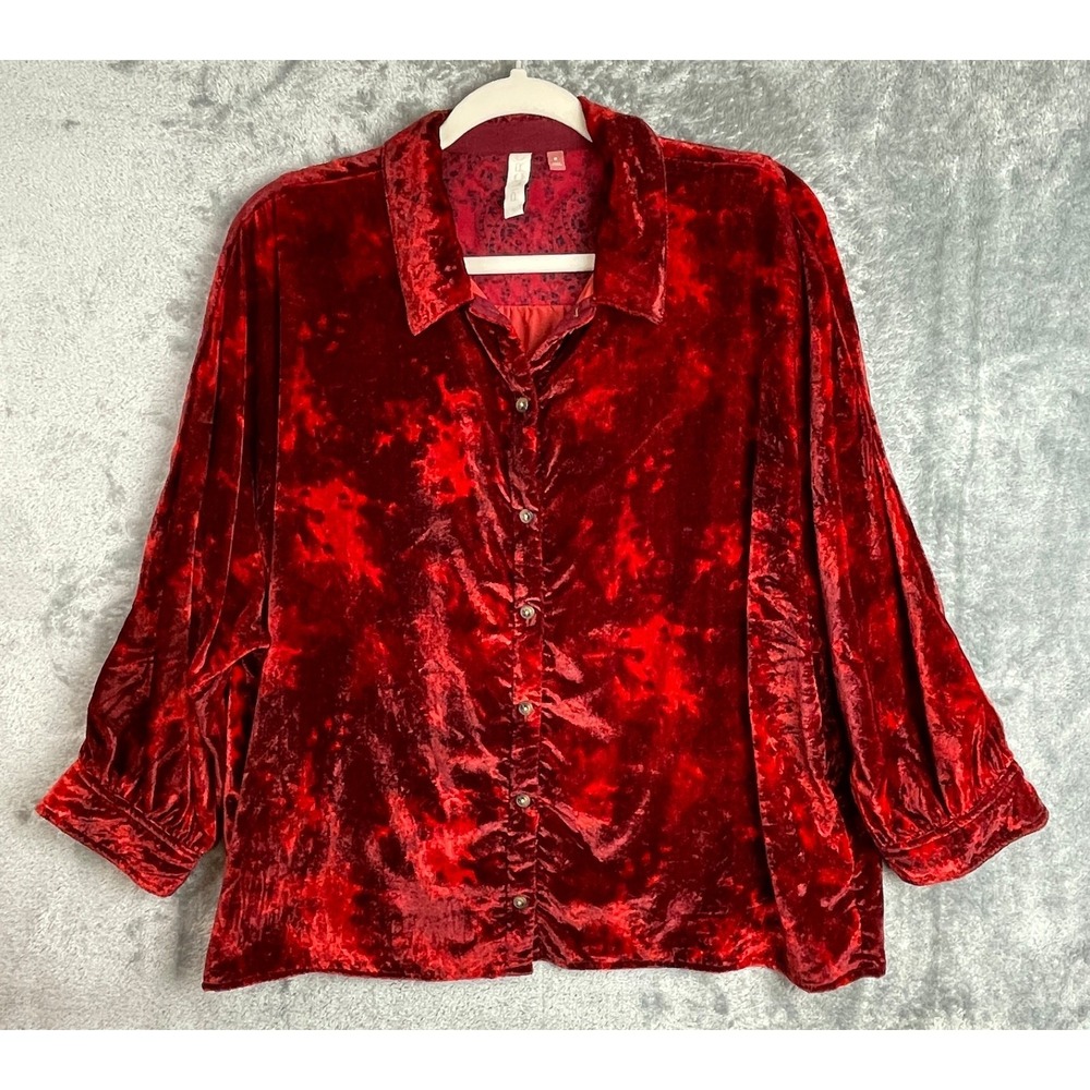 Anthropologie Pilcro Orsay Crushed Red Velvet Button Down Top Medium Holiday Red